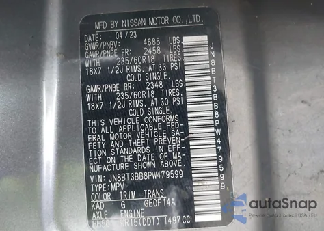 2023 Nissan Rogue Sv Intelligent Awd z USA, uszkodzony, nr VIN JN8BT3BB8PW479599